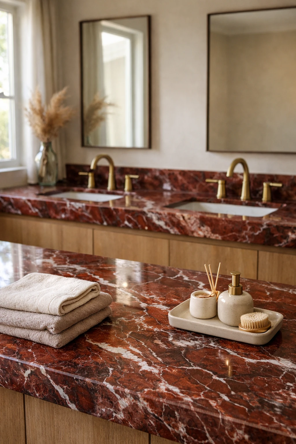 Large bathroom double vanity with red marble countertop and twin mirrors.