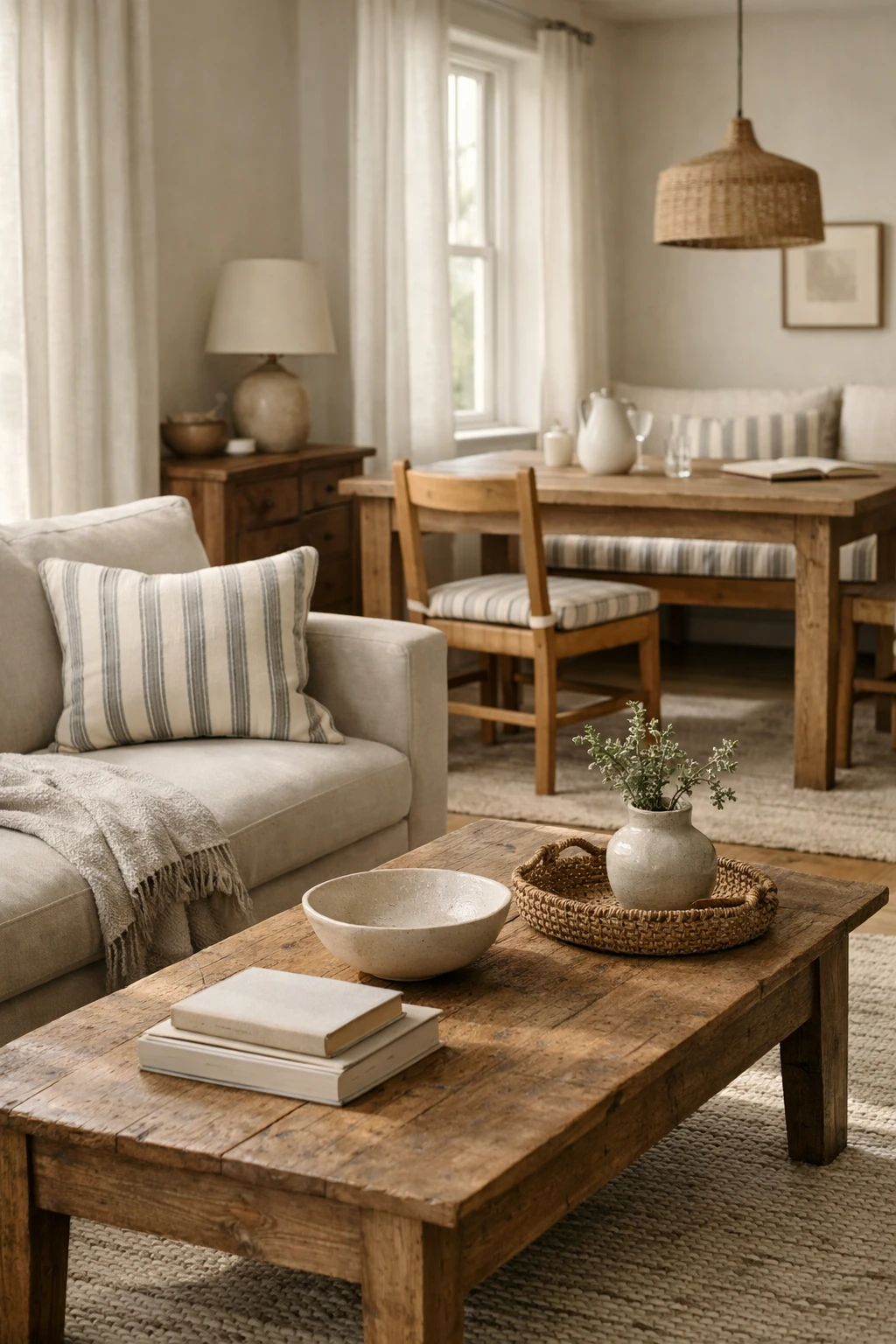 A coordinated living and dining room with matching striped textiles and soft linen textures.