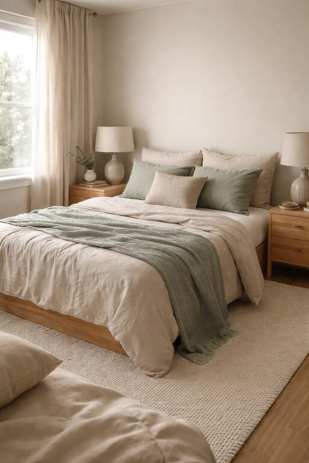 A warm bedroom with sage green accents, beige bedding, and natural wood furniture.