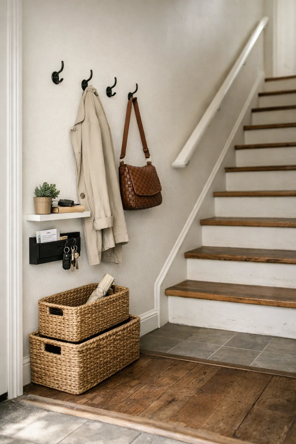 A small entryway with stairs using vertical wall storage for everyday essentials.