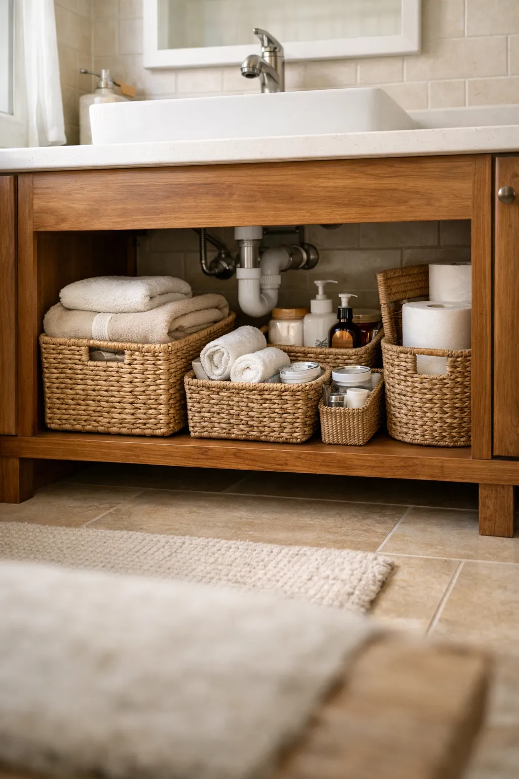 Open bathroom vanity with woven baskets storing towels and toiletries.