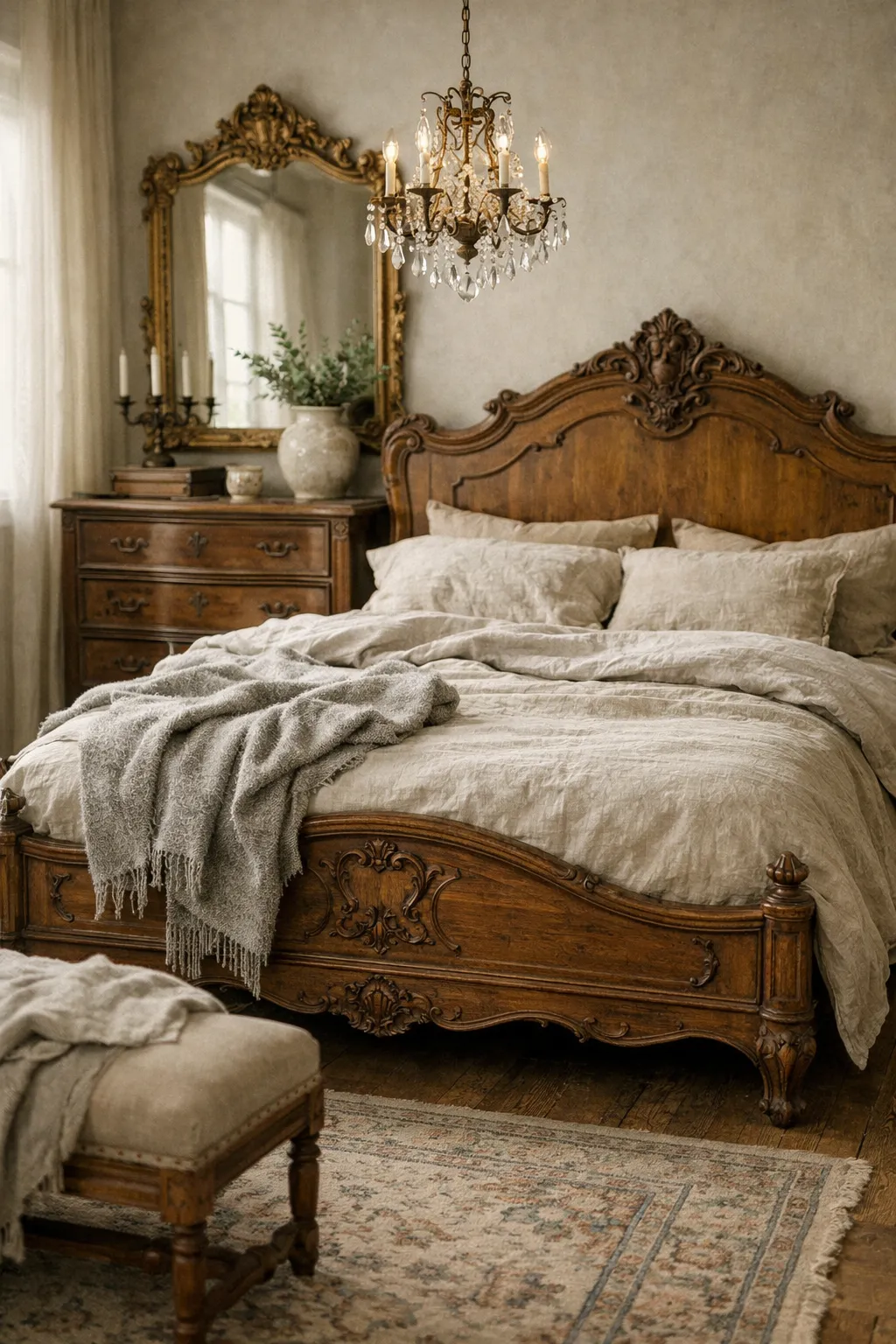 French bedroom featuring carved wood bed and antique gold mirror in warm light.