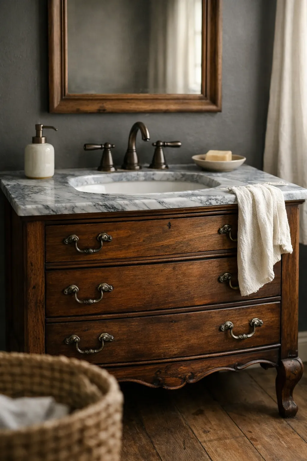 Vintage wood dresser vanity with marble countertop in moody bathroom