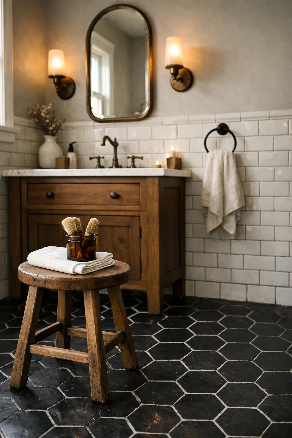 Moody black hex tile bathroom with white subway walls and warm sconces