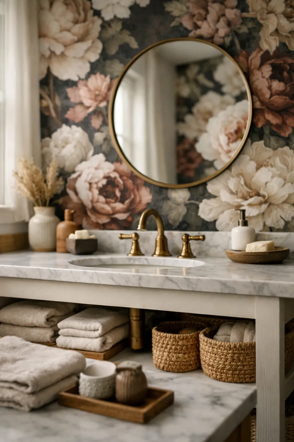 athroom with oversized floral wallpaper behind a vanity creating a dramatic statement wall