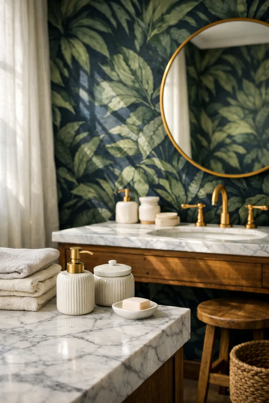 Dark botanical wallpaper with lush foliage in a stylish bathroom interior