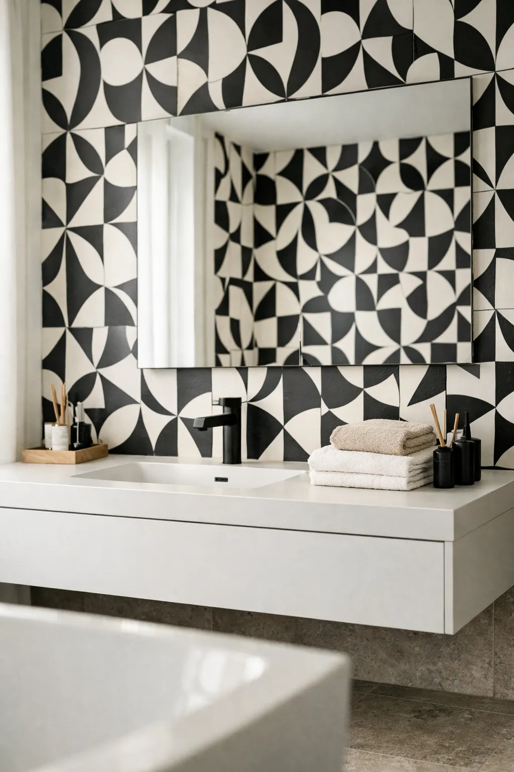 Modern bathroom with bold black and white geometric wallpaper pattern