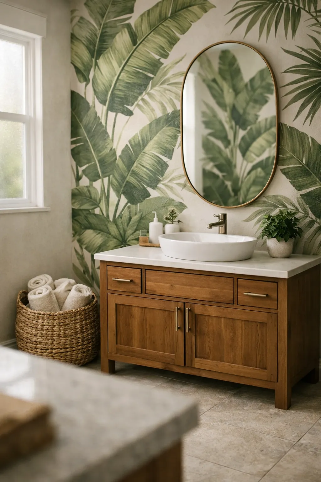 Bathroom with tropical leaf wallpaper creating a fresh natural atmosphere