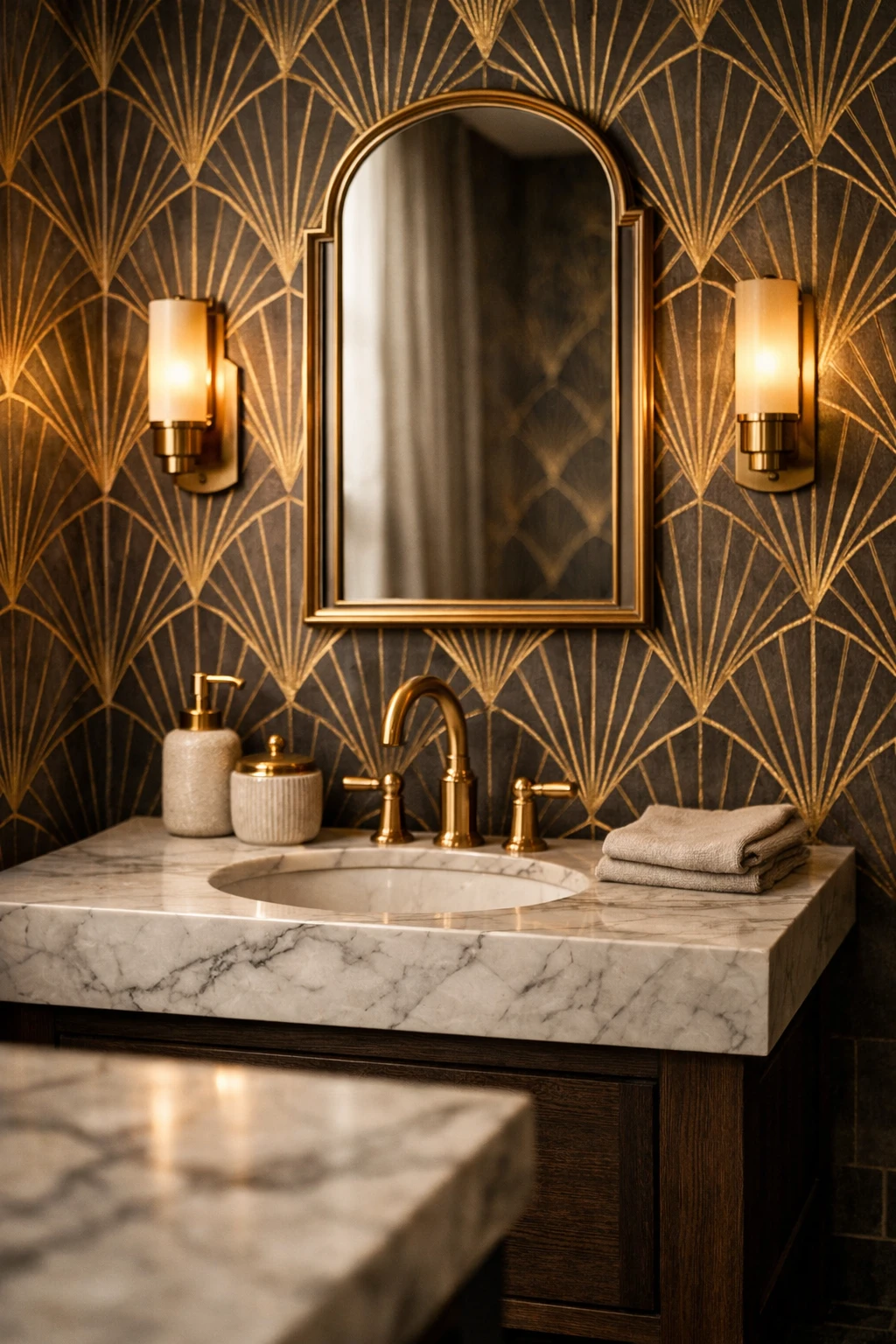 Elegant bathroom with art deco wallpaper and gold accents