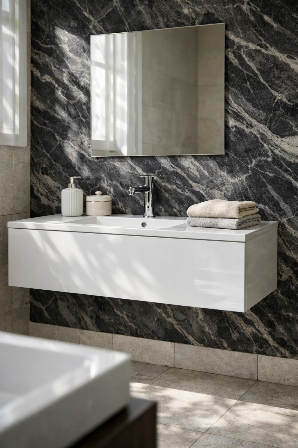 Bathroom with dark marble pattern wallpaper and modern white vanity