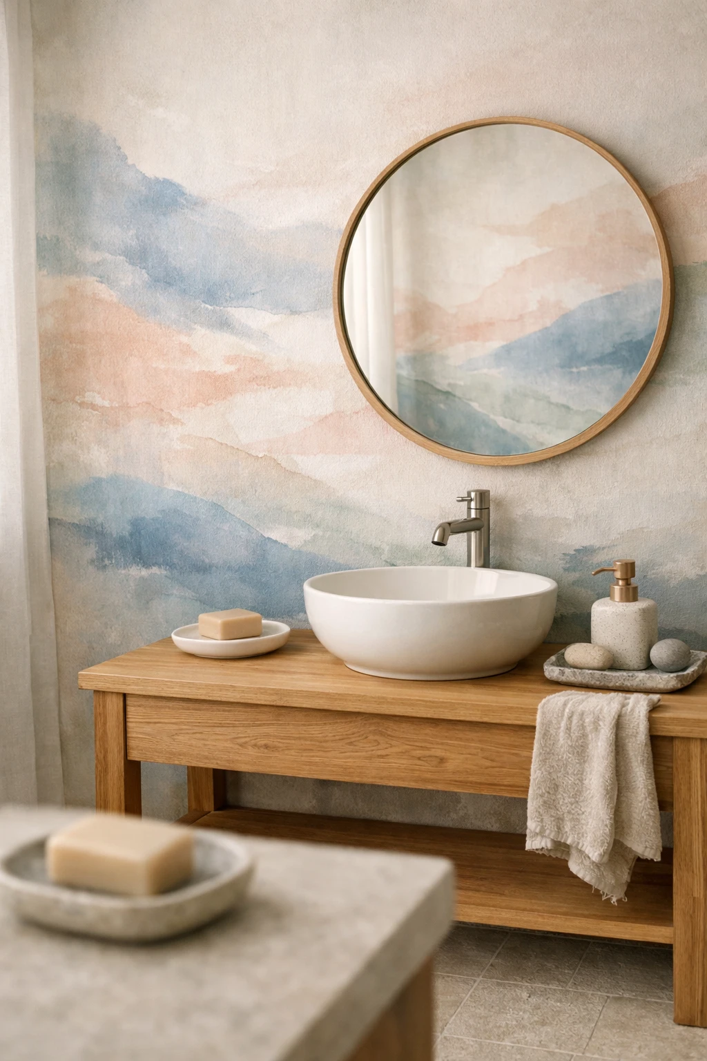 Bathroom featuring abstract watercolor wallpaper with soft flowing colors