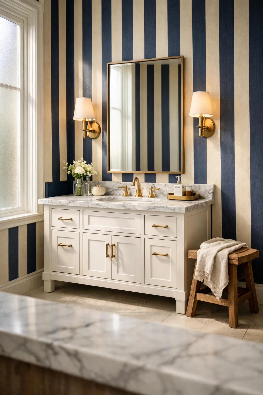 Bathroom with bold vertical stripe wallpaper creating height and contrast