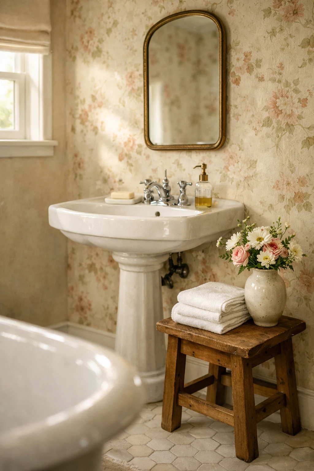 Cozy bathroom with vintage floral wallpaper and classic pedestal sink