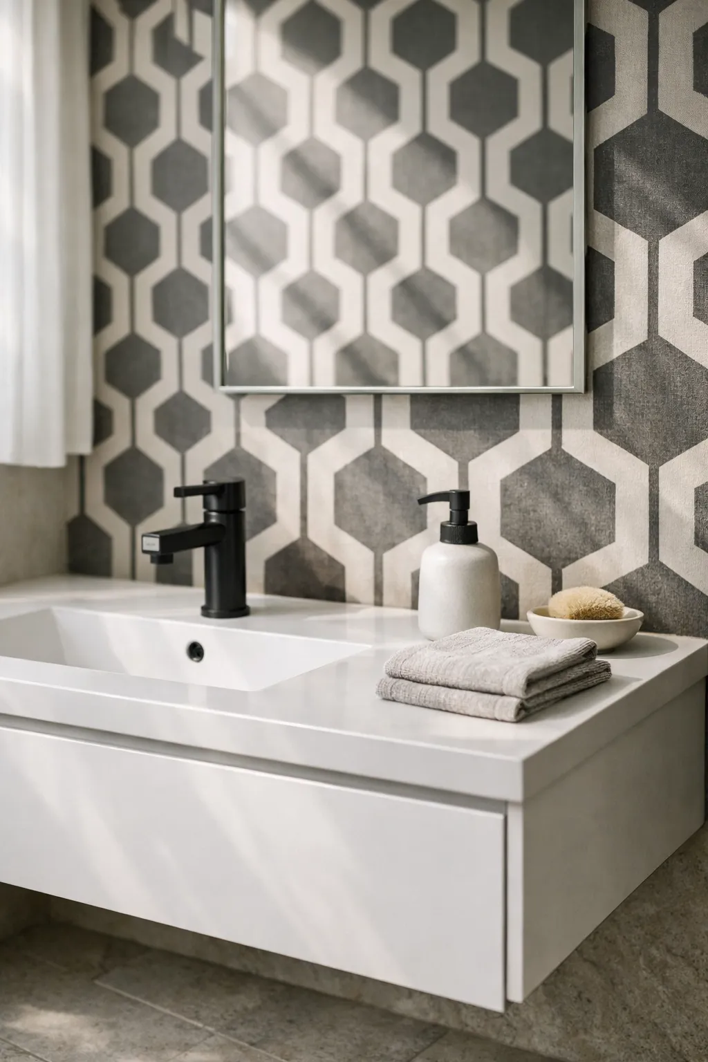 Contemporary bathroom with bold geometric wallpaper design