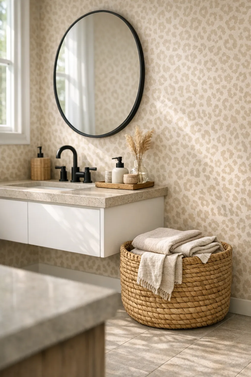 Bathroom interior with subtle animal print wallpaper and modern vanity