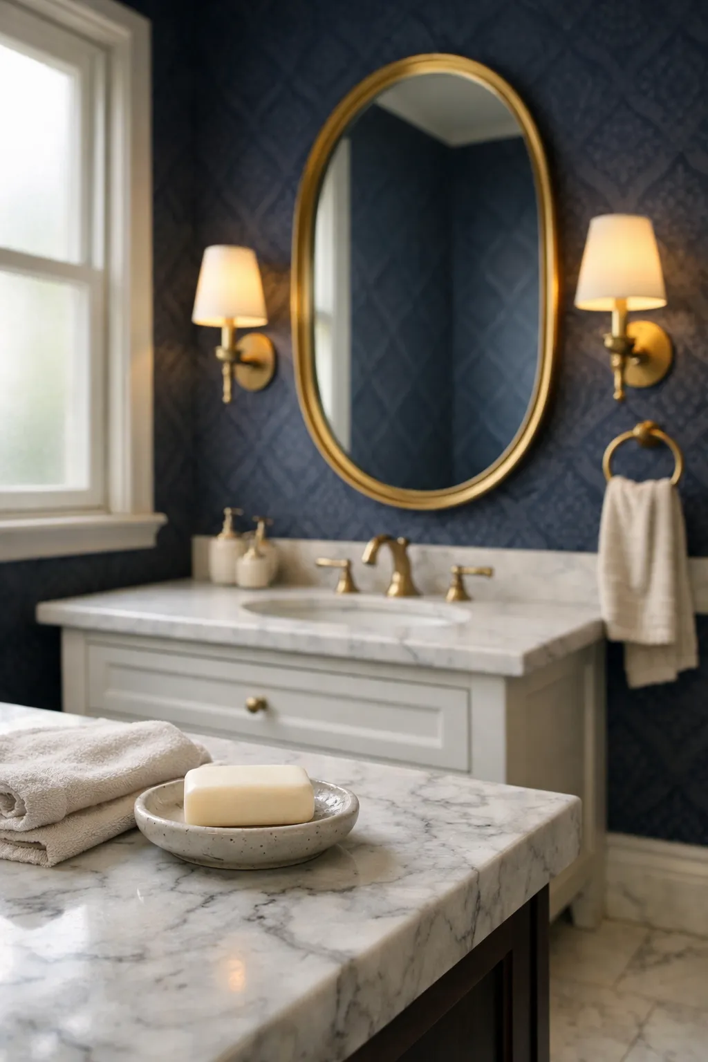 Elegant bathroom with deep navy patterned wallpaper and marble vanity