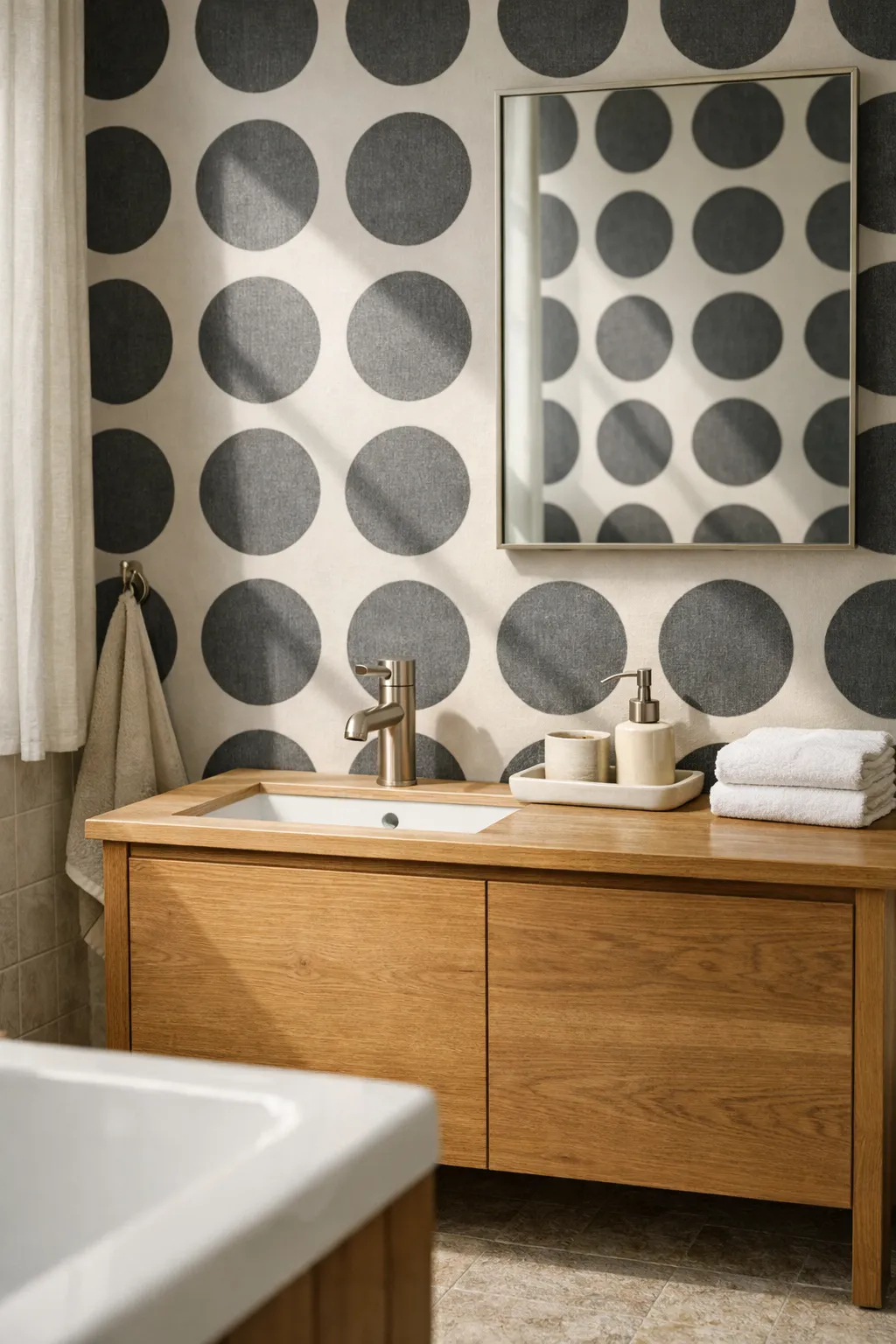 Modern bathroom with bold dotted wallpaper pattern