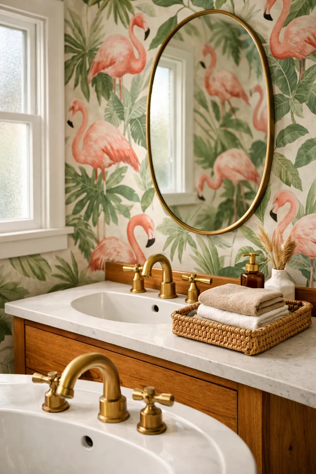 Bathroom with tropical flamingo wallpaper and warm wood vanity