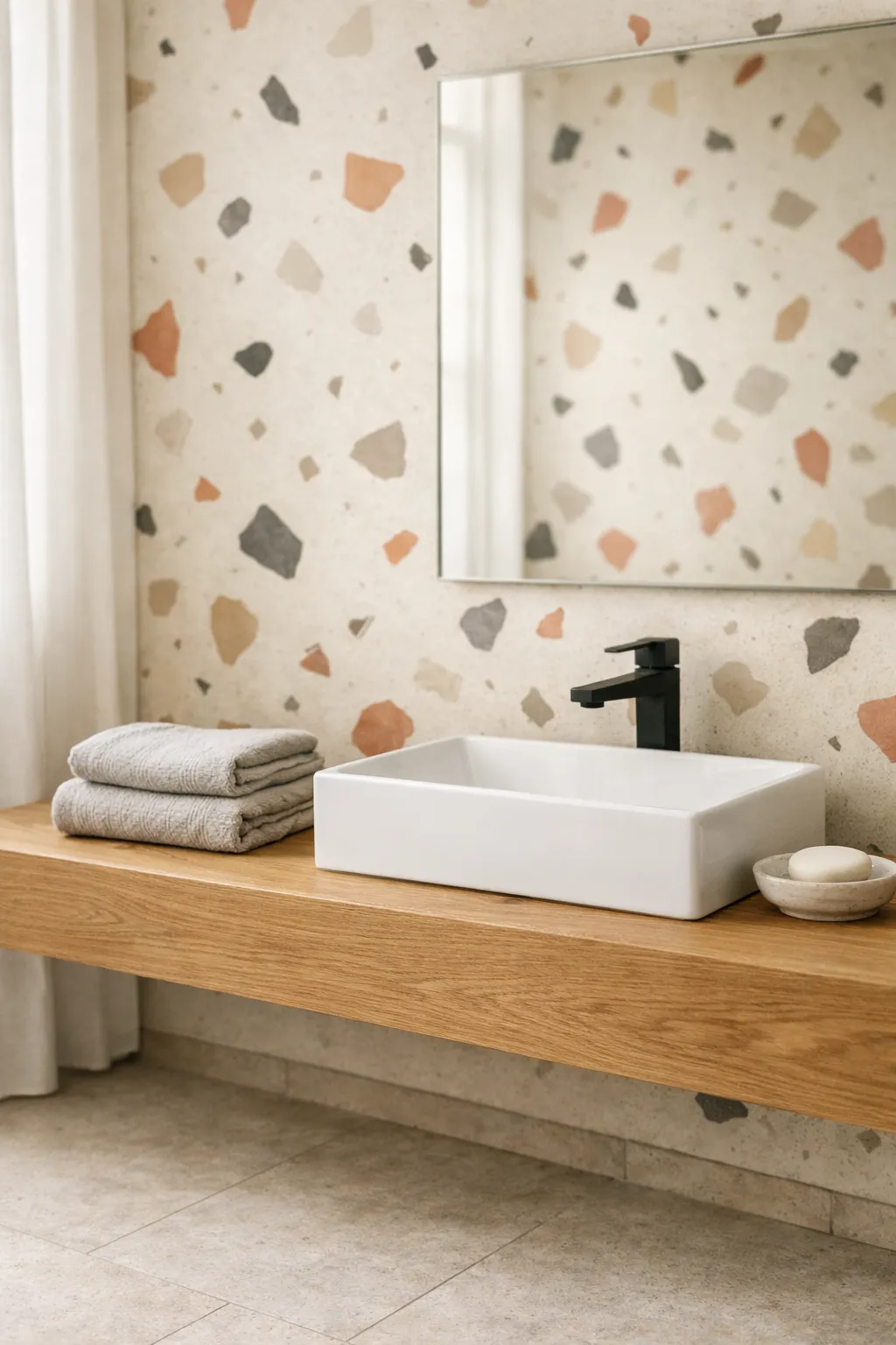 Bathroom with colorful terrazzo pattern wallpaper