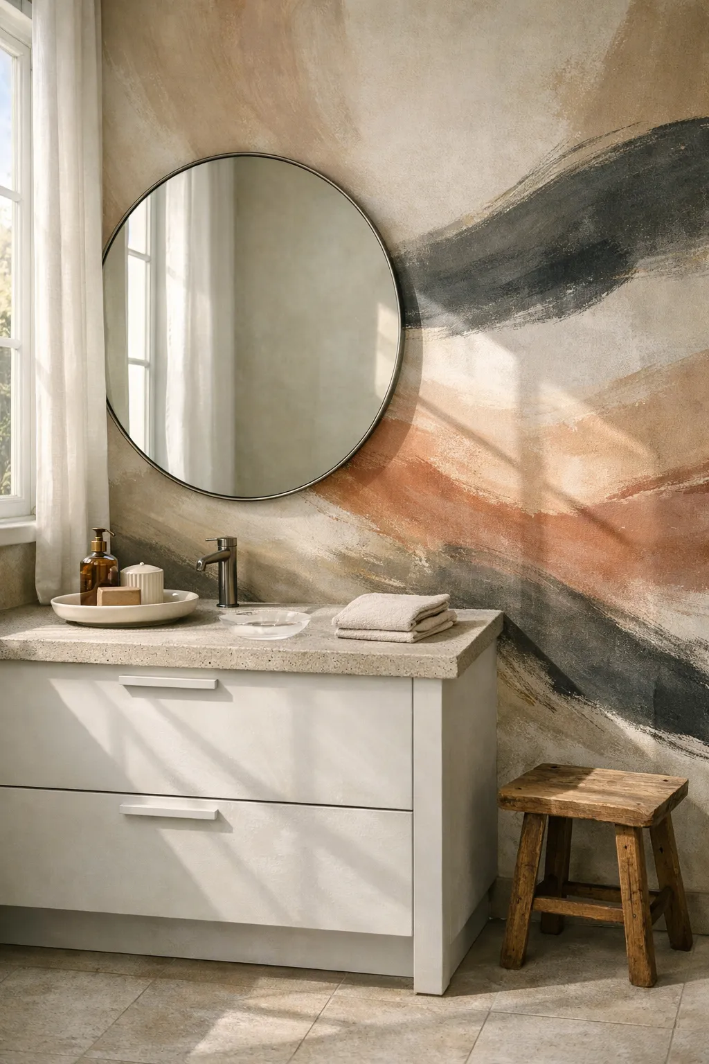 Bathroom interior featuring large abstract art wallpaper