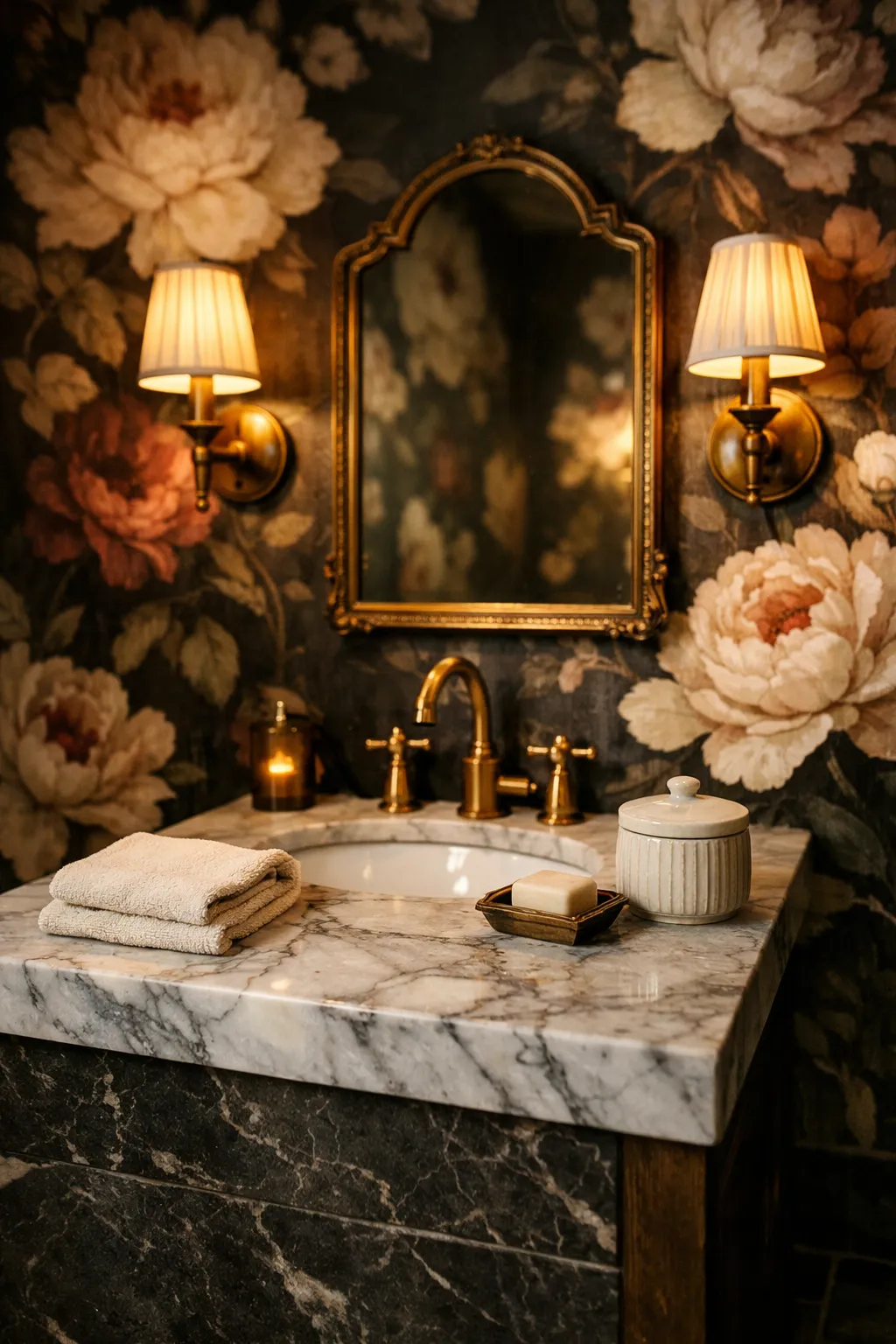 Bathroom with dramatic dark floral wallpaper and brass fixtures