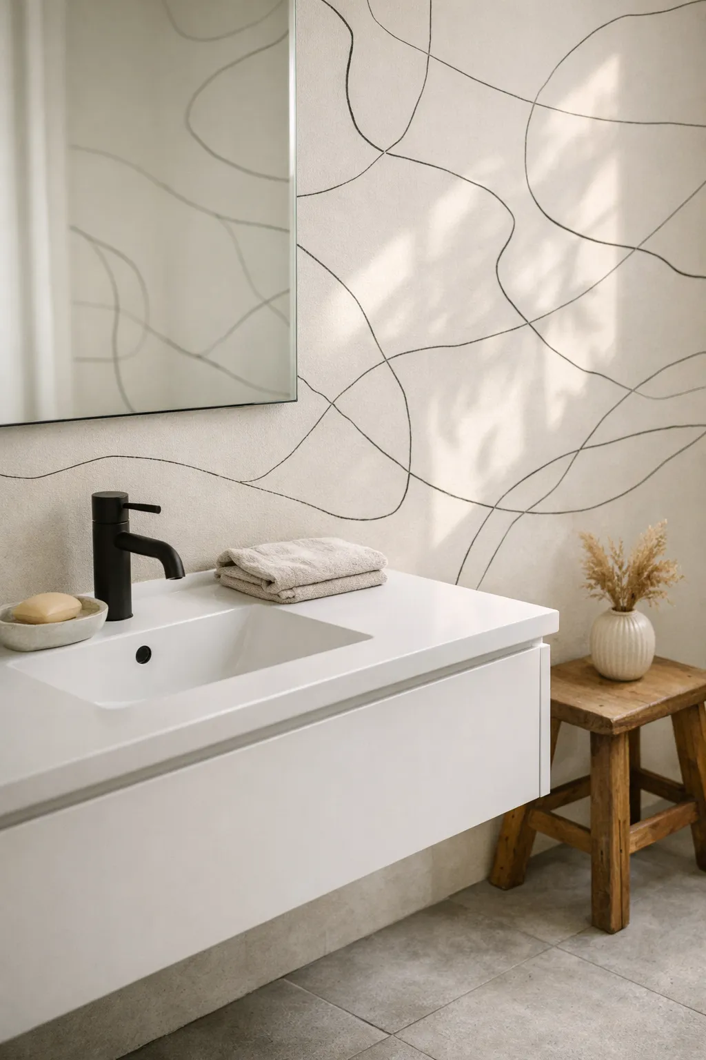 Modern bathroom with minimal black line art wallpaper