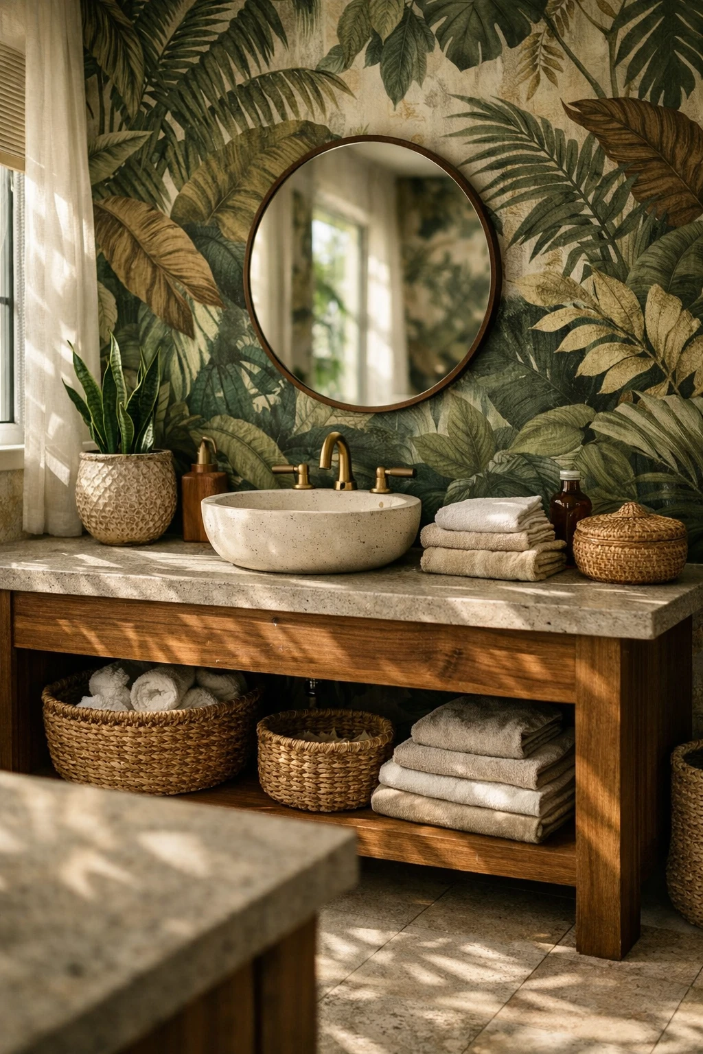Lush jungle wallpaper creating a nature inspired bathroom interior