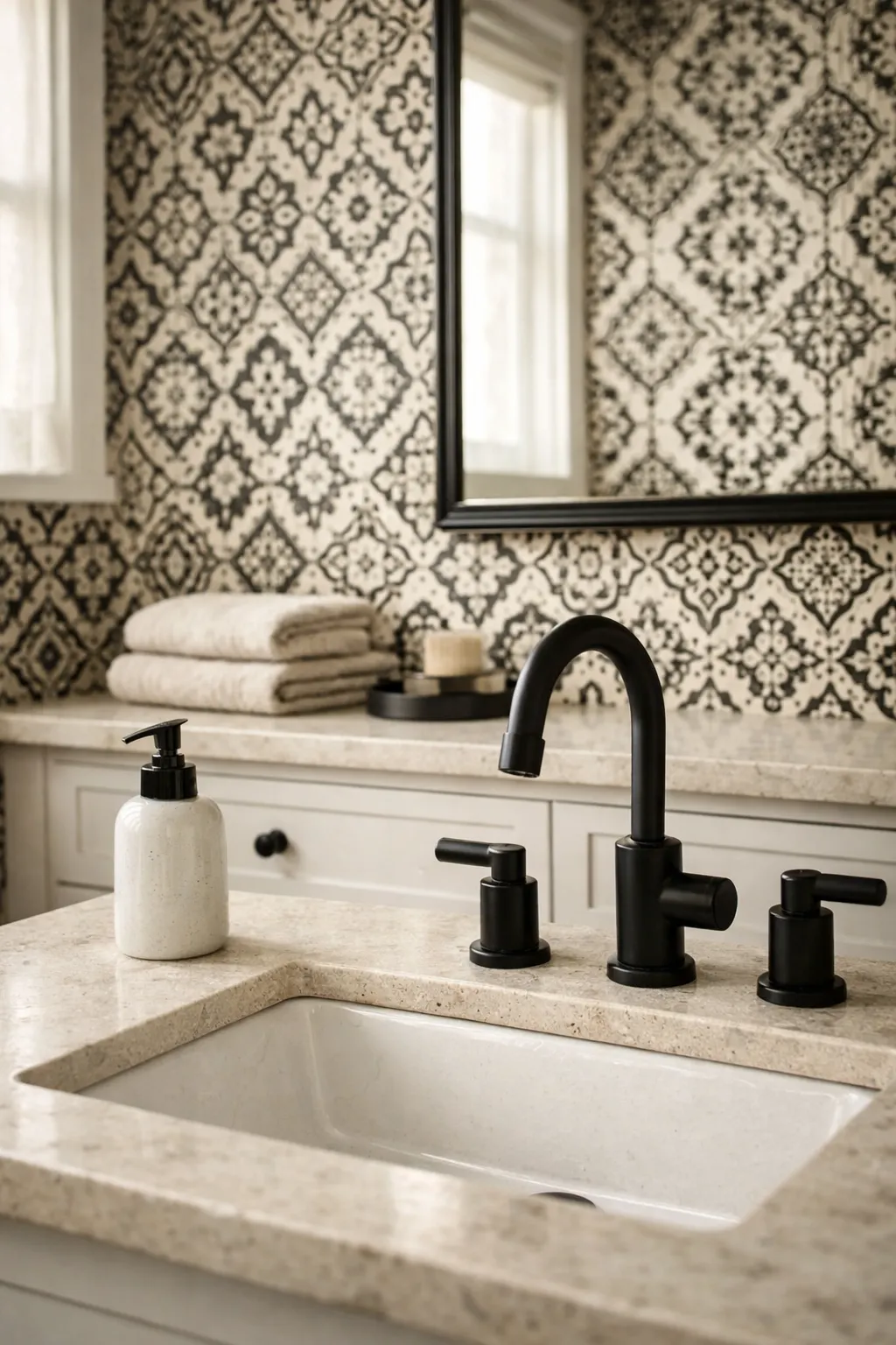 Bathroom featuring high contrast tile inspired wallpaper pattern