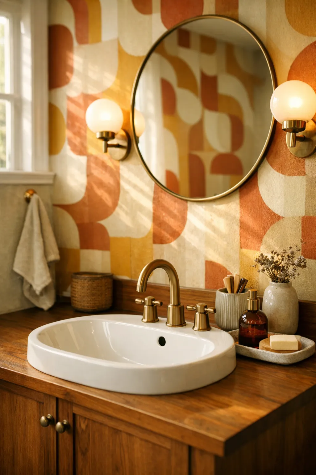 Retro inspired wallpaper with warm tones in a stylish bathroom