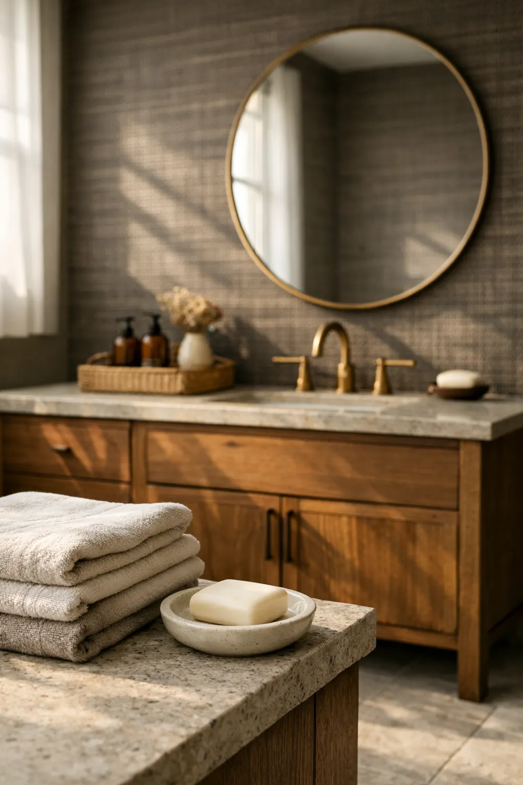 Bathroom with textured grasscloth wallpaper and warm wood vanity