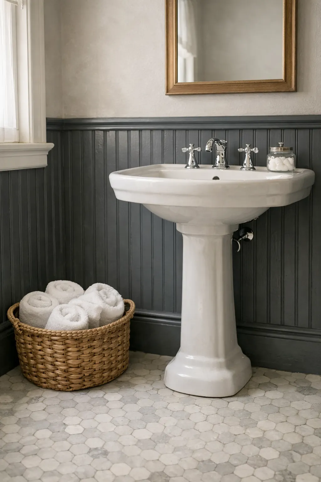 Vintage bathroom with charcoal beadboard walls and marble hex tile flooring