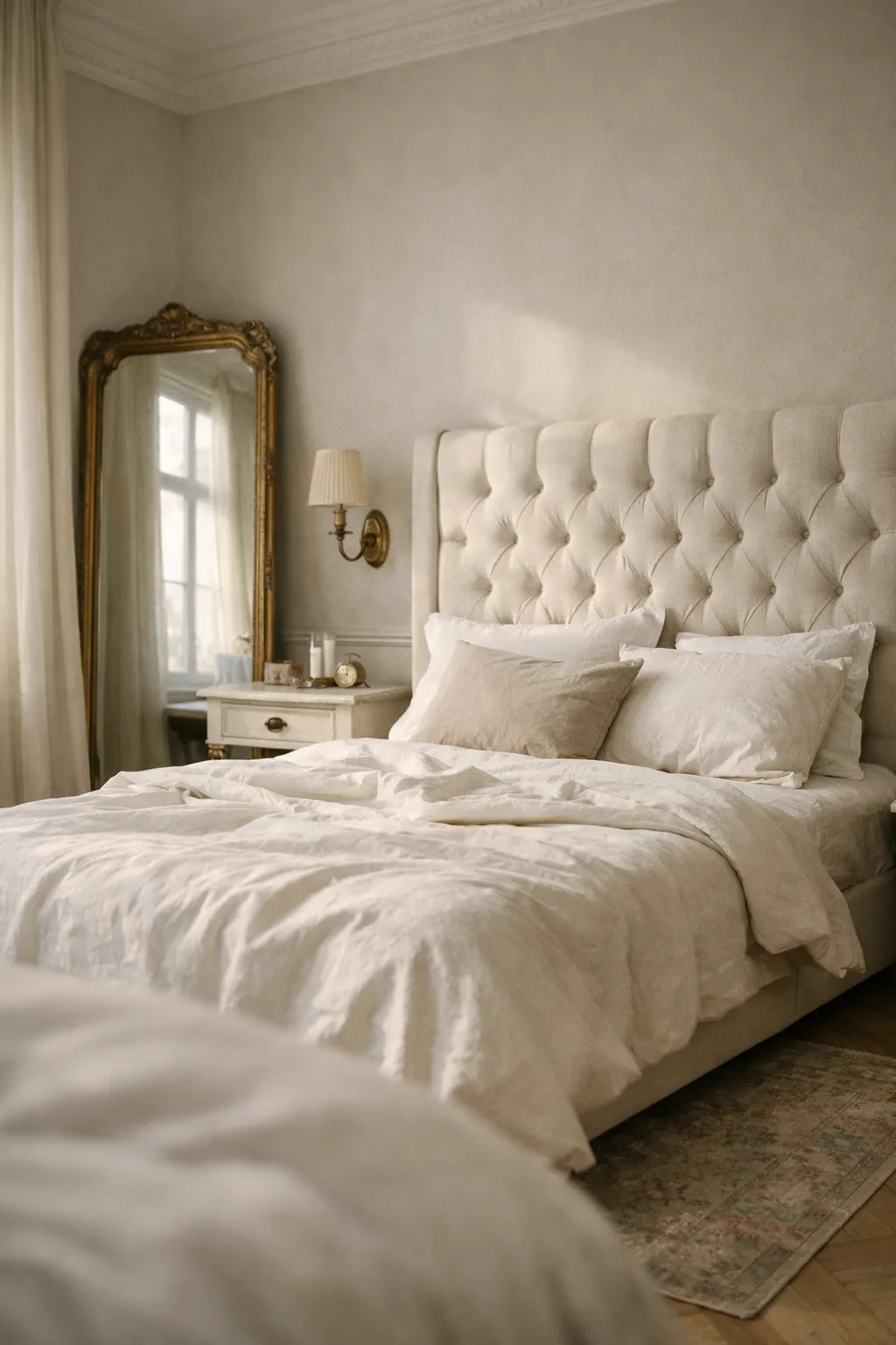 Parisian bedroom with tall tufted headboard, ornate gold mirror, and diffused daylight.