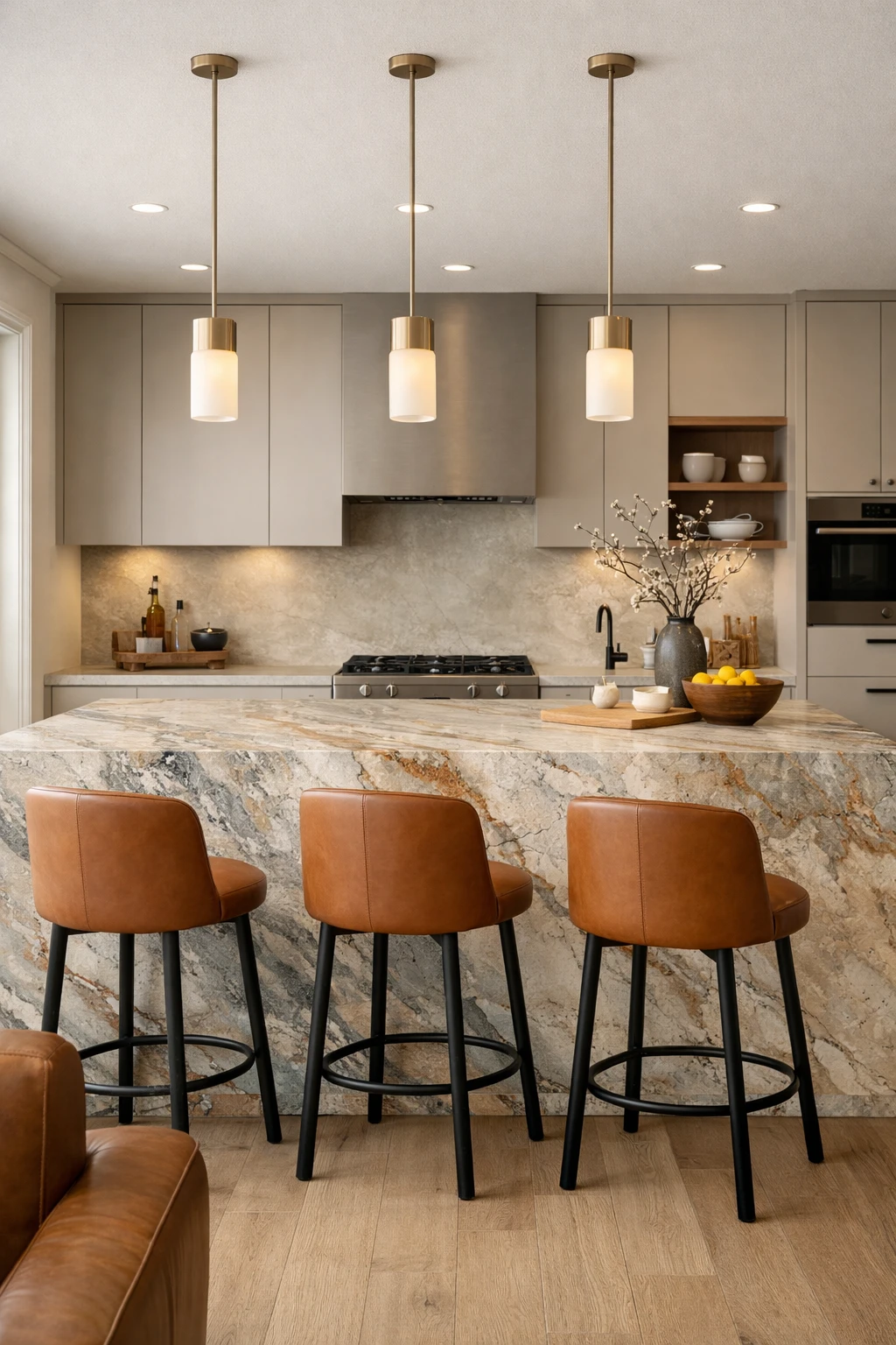 Modern Italian luxury kitchen with dramatic stone island