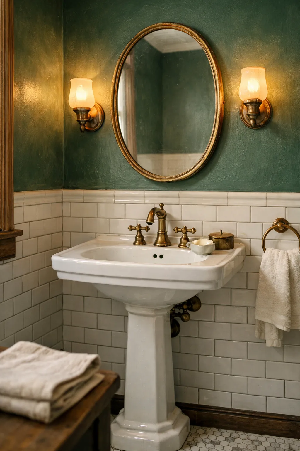 Moody emerald green vintage bathroom with antique brass fixtures and pedestal sink