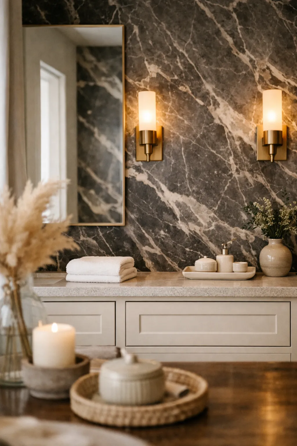 Moody bathroom with dark veined marble wall and warm lighting
