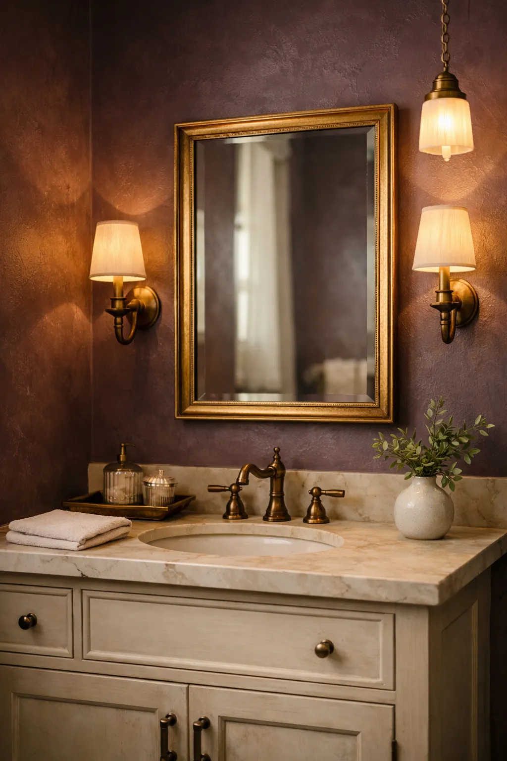 Plum painted bathroom walls with gold mirror and marble countertop
