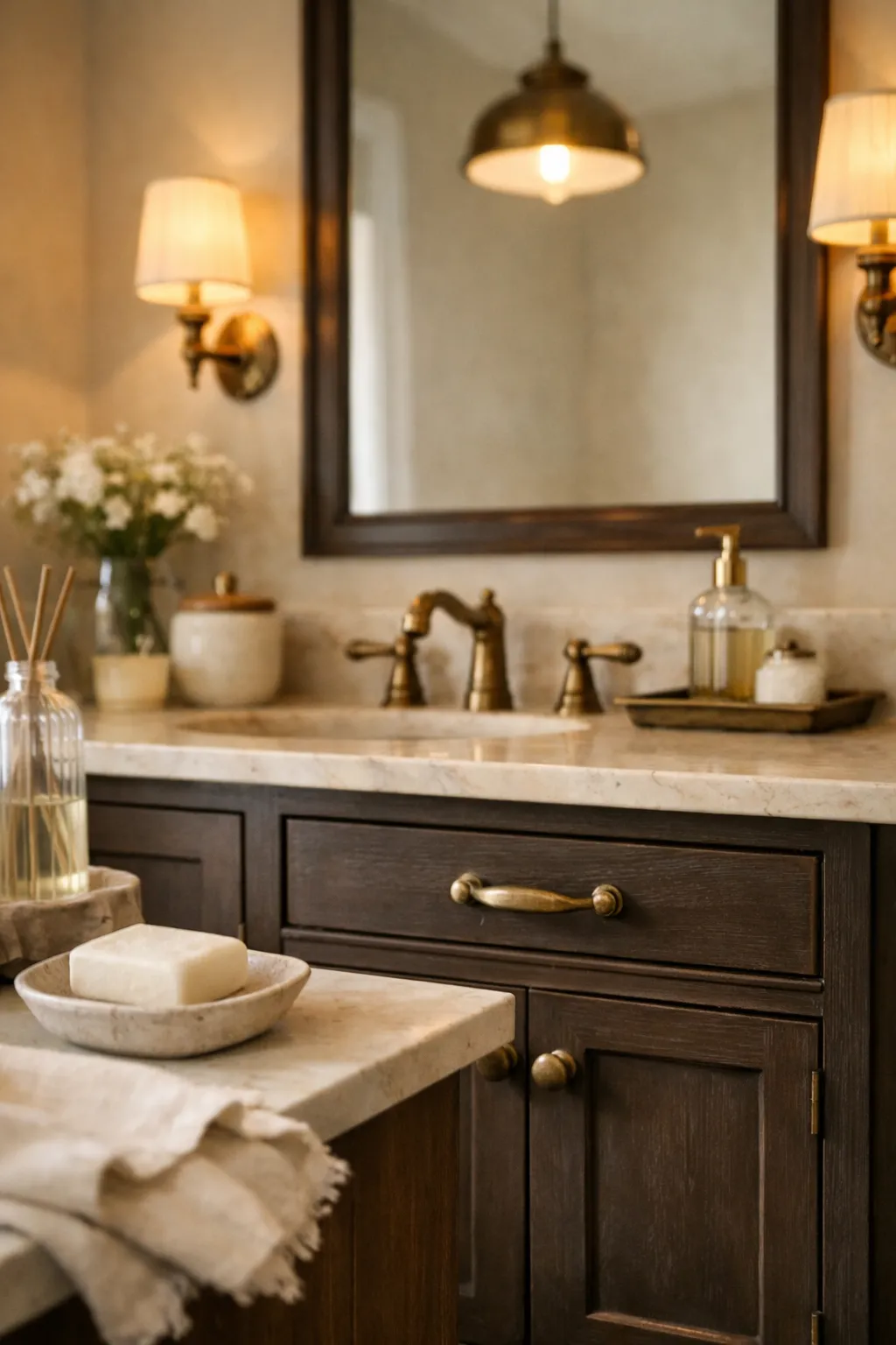 Espresso brown bathroom vanity with aged brass hardware and warm lighting