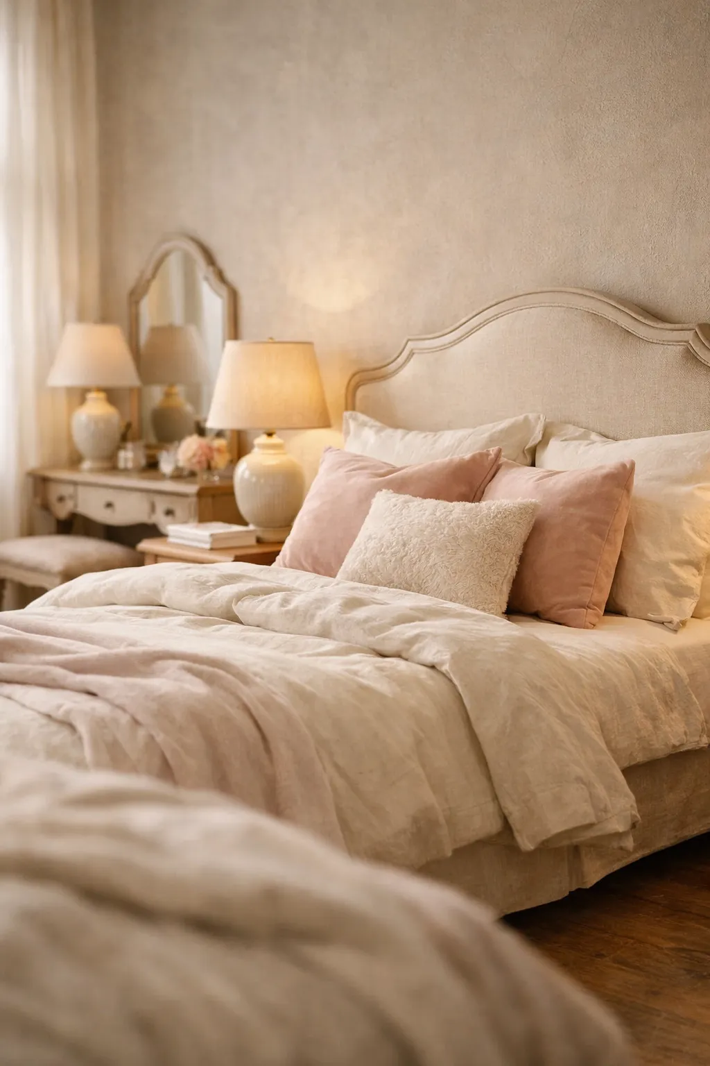 Elegant French bedroom with blush accents and soft lamp lighting.