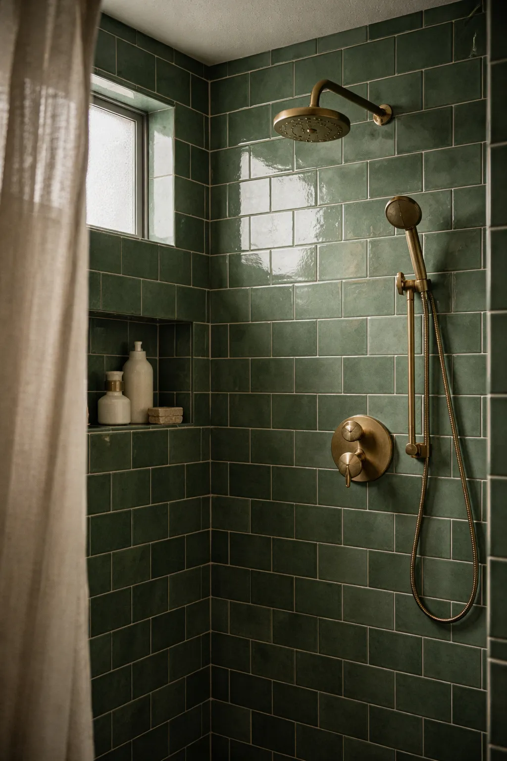 Forest green subway tile shower with brass fixtures in vintage bathroom