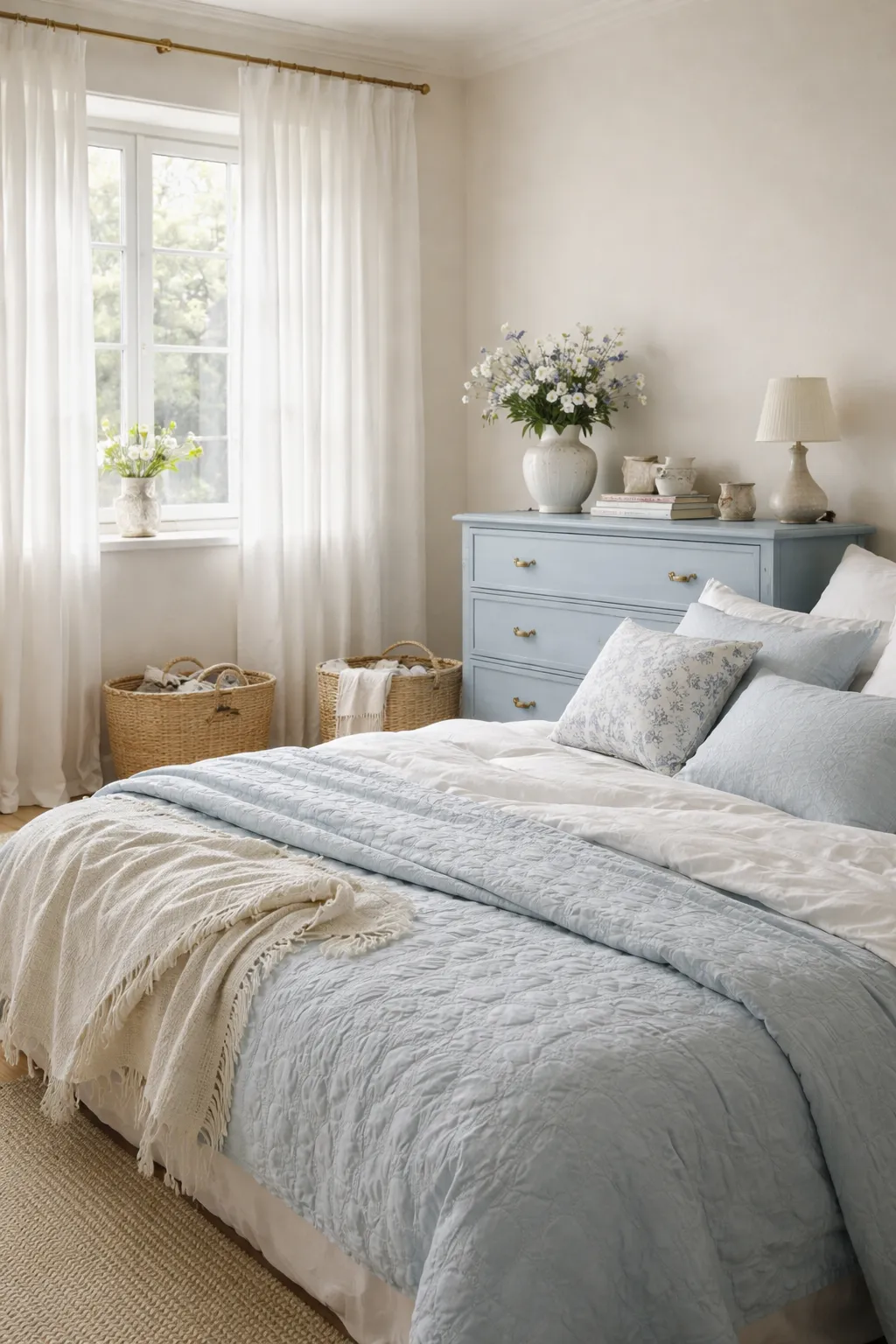 French bedroom with soft blue bedding, white curtains, and natural daylight.