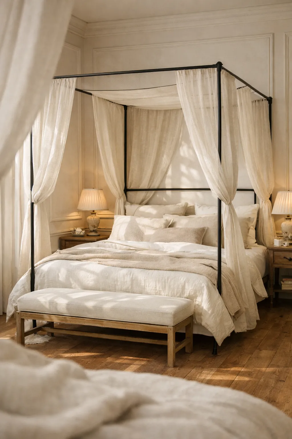 Elegant French bedroom with canopy bed and sheer linen drapes.