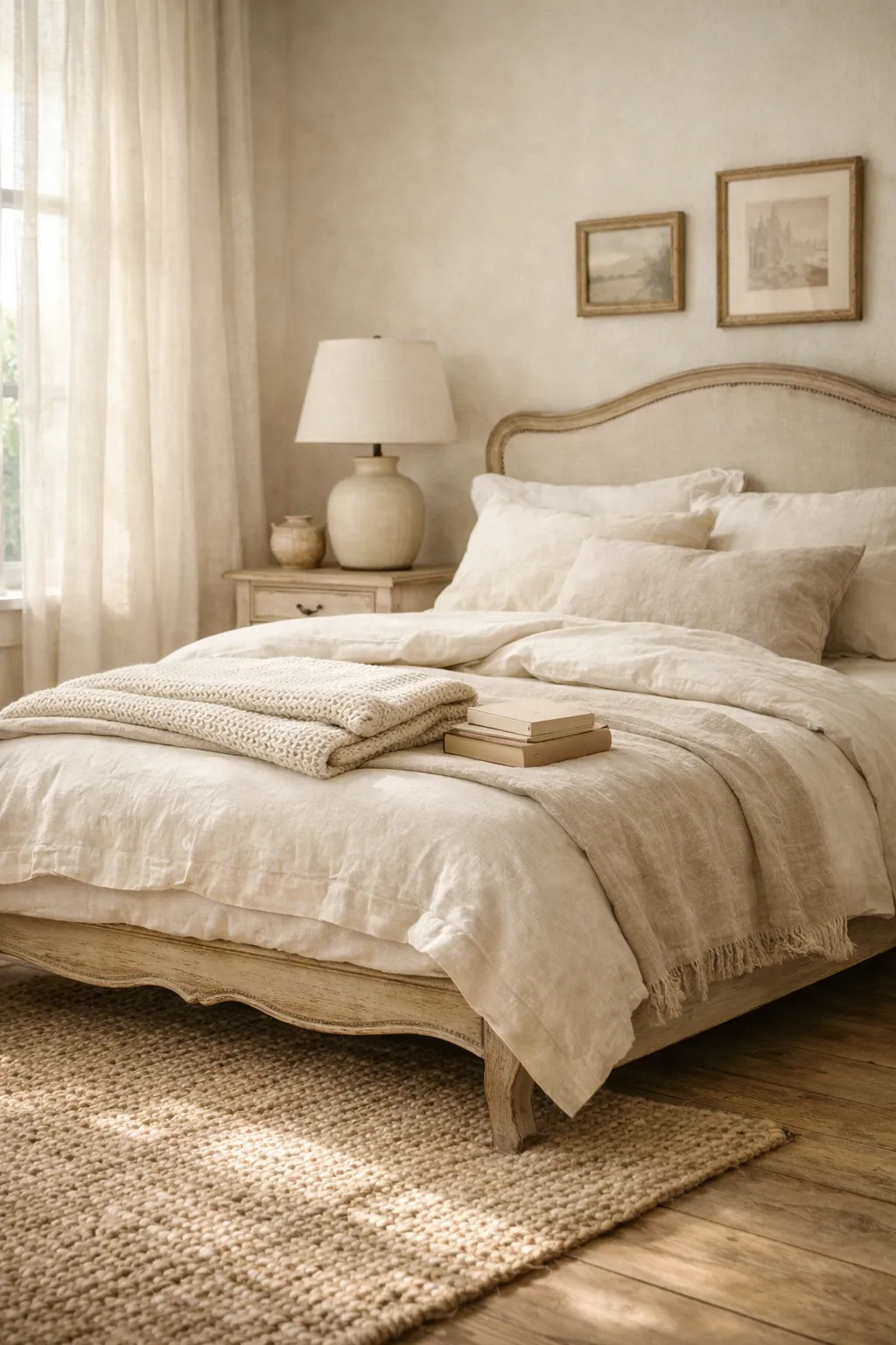 French country bedroom with distressed wood bed, linen bedding, woven rug, and soft natural daylight.