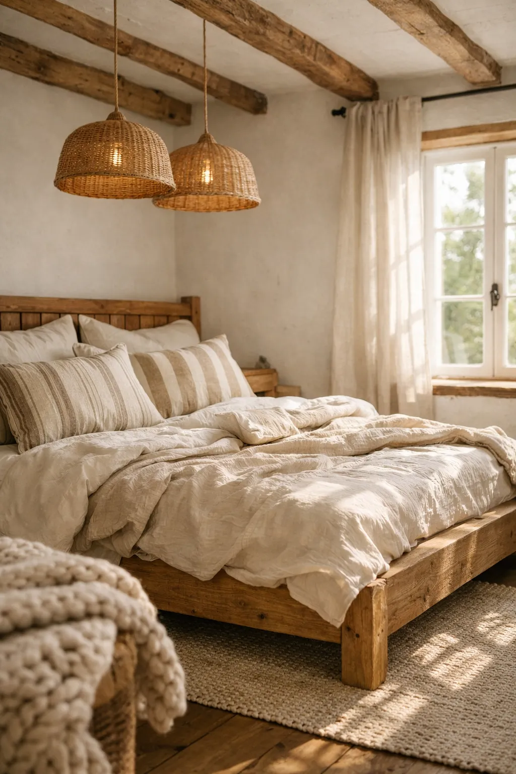 Rustic French farmhouse bedroom with neutral bedding and woven lighting.