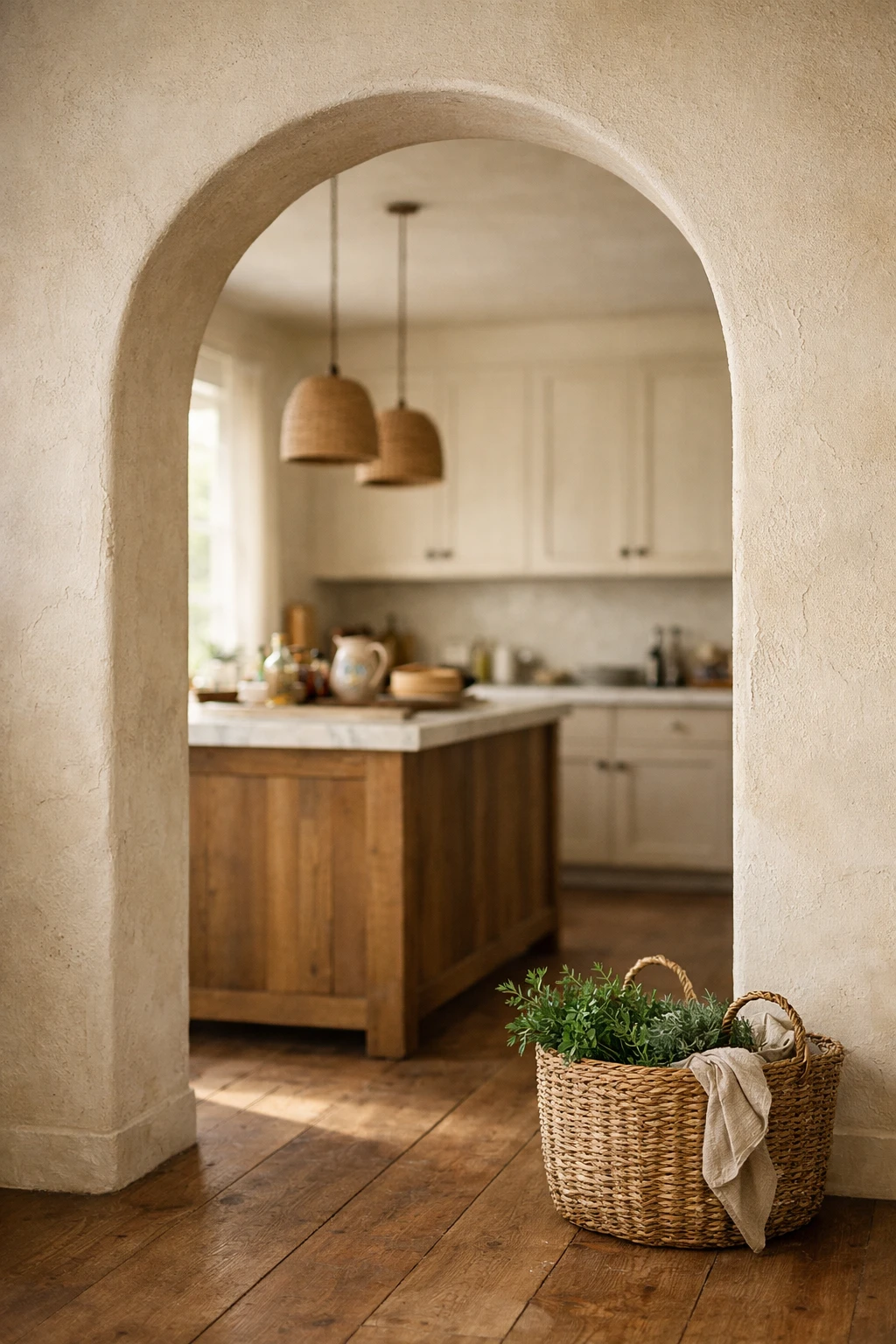 Italian kitchen with arched doorway and warm neutral finishes