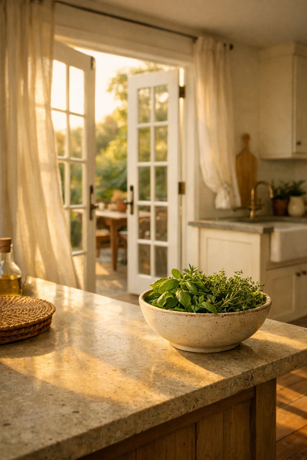 Italian kitchen with French doors opening to patio