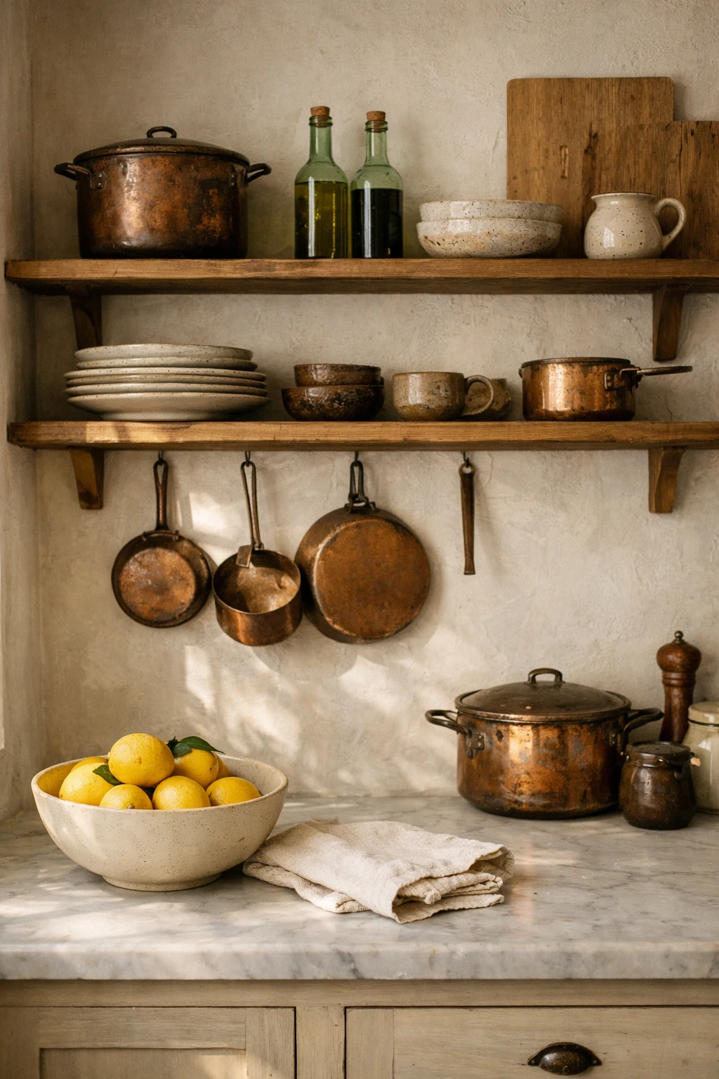 Open shelving in Italian kitchen with ceramic dishes and copper pots