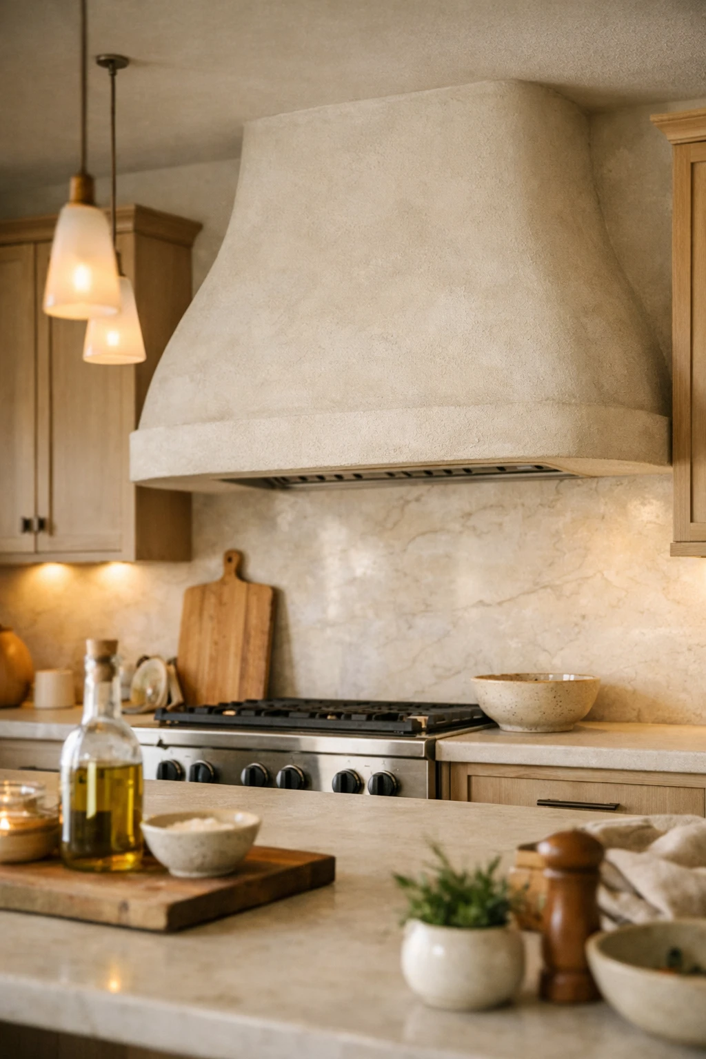 Italian kitchen with large plaster range hood