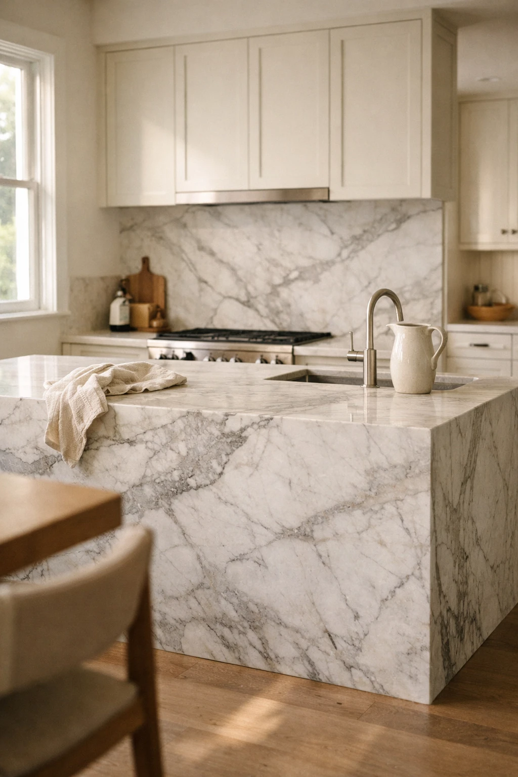 Italian kitchen featuring dramatic marble backsplash and island