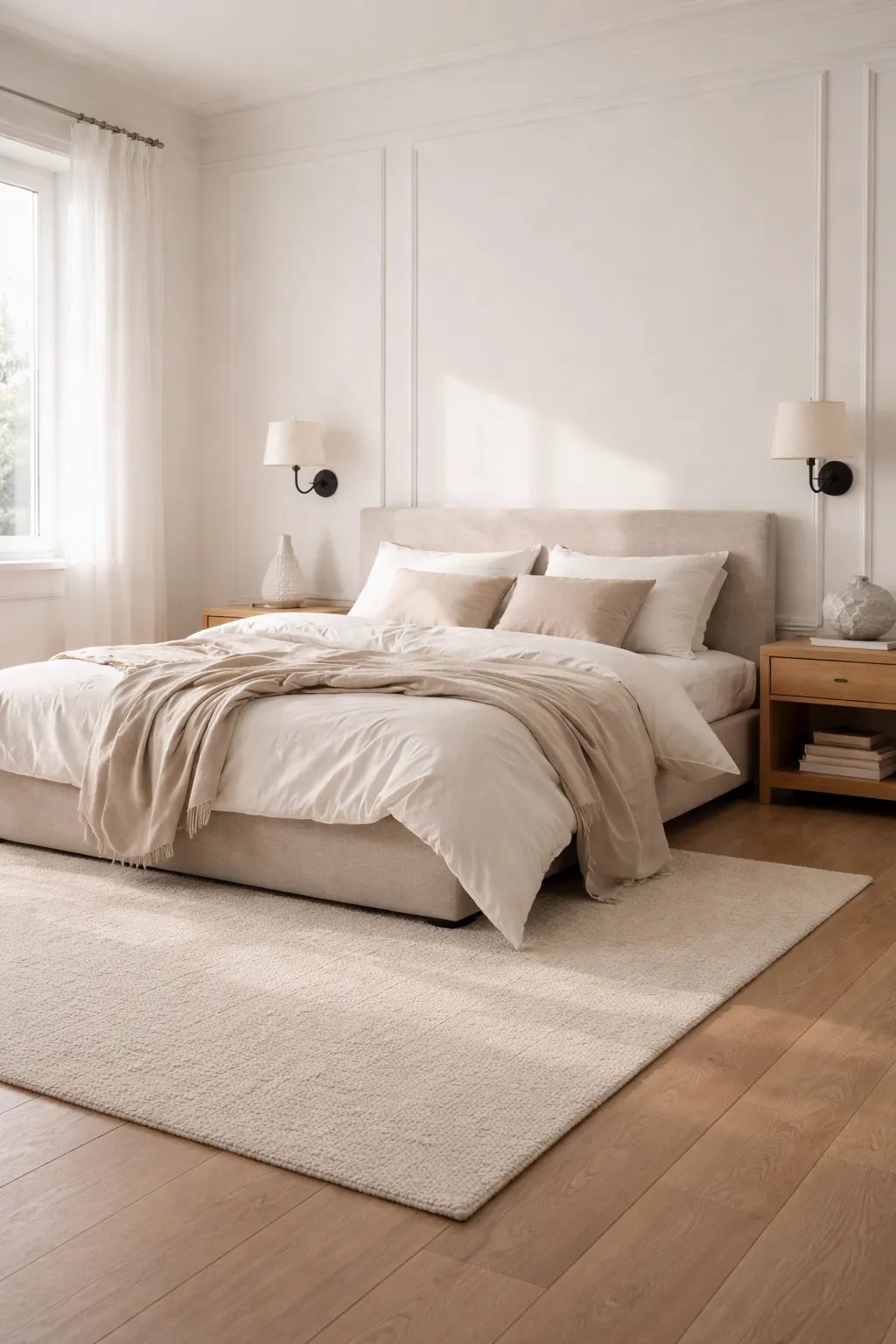 Minimal French bedroom with white walls, linen bedding, and black metal accents in soft daylight.