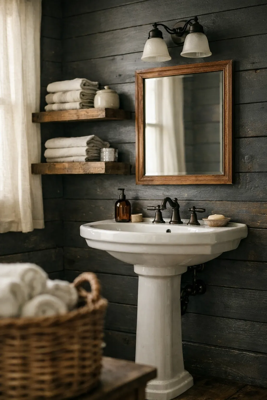 Moody farmhouse vintage bathroom with dark shiplap and rustic wood shelves
